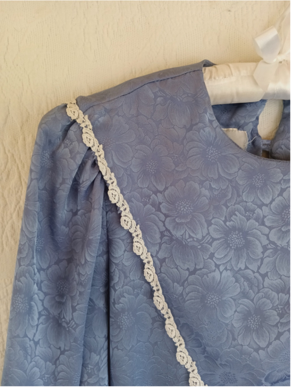 Vintage Jody California Blue Jacquard Drop Waist Dress 80s bib Lace romantic LG - Picture 3 of 12